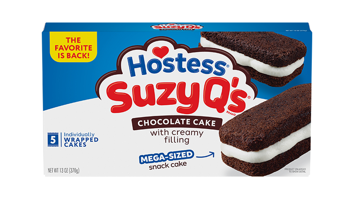 White and blue packaging with Hostess Suzy Q’s chocolate cakes on it, as well as a “The Favorite is Back!” callout in yellow.
