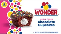 Pink and white packaging with a picture of Wonder crème filled chocolate cupcakes on it. Pink and white packaging with a picture of Wonder crème filled chocolate cupcakes on it.