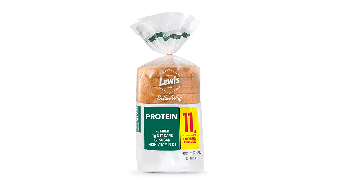A green and white bag of Lewis Better Way protein loaf bread.
