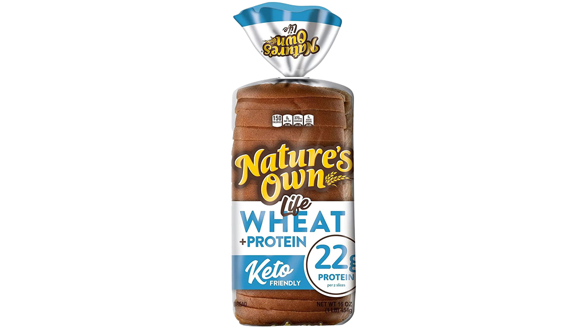 Nature’s Own keto-friendly wheat + protein loaf, in a blue and white bag.