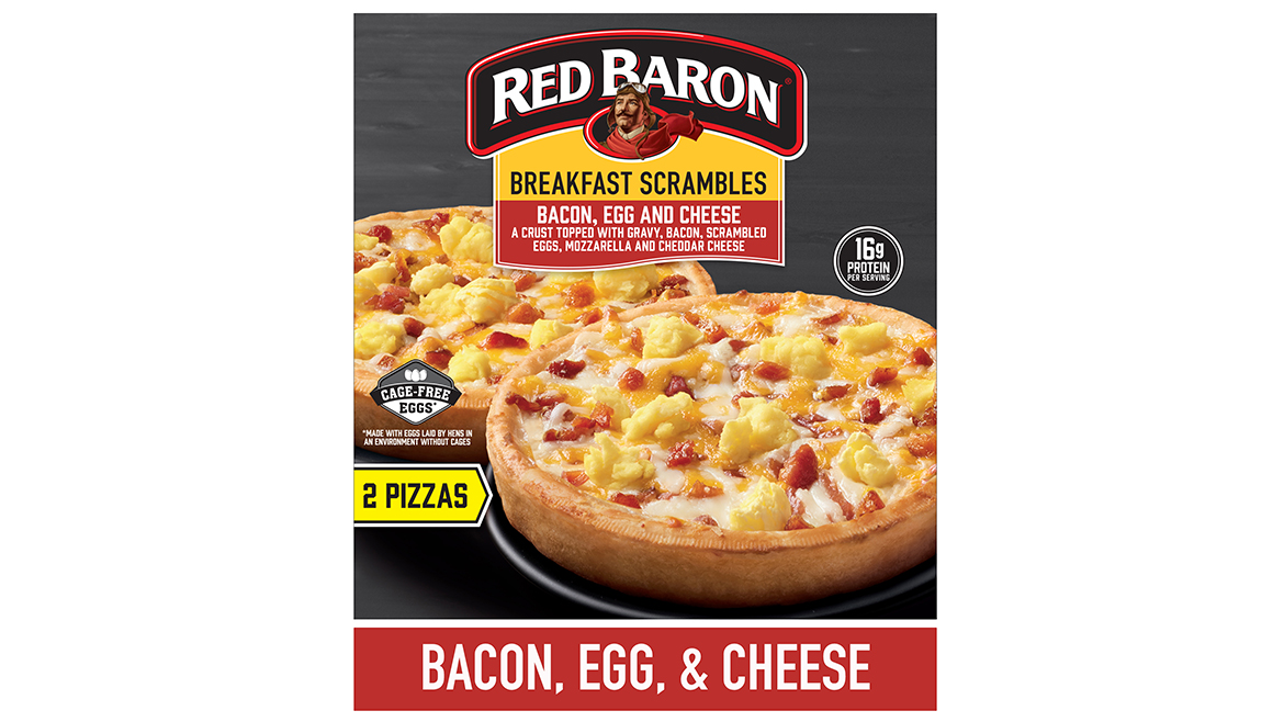 A Red Baron black pizza box with two individual bacon, egg, and cheese breakfast pizzas featured.