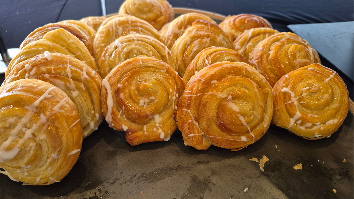 Tray of round mini swirl pastries on a tray