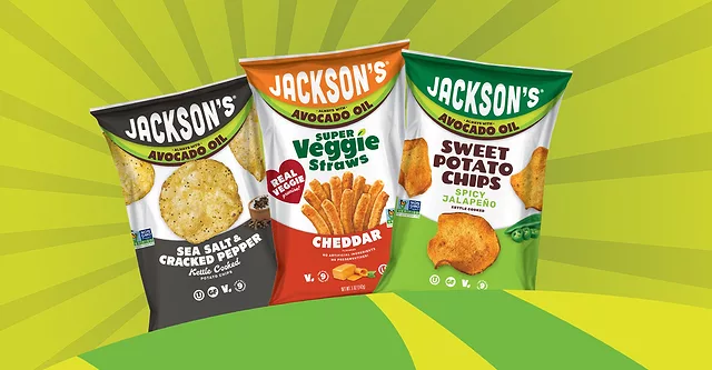 Three Jackson’s chips bags over green and yellow background