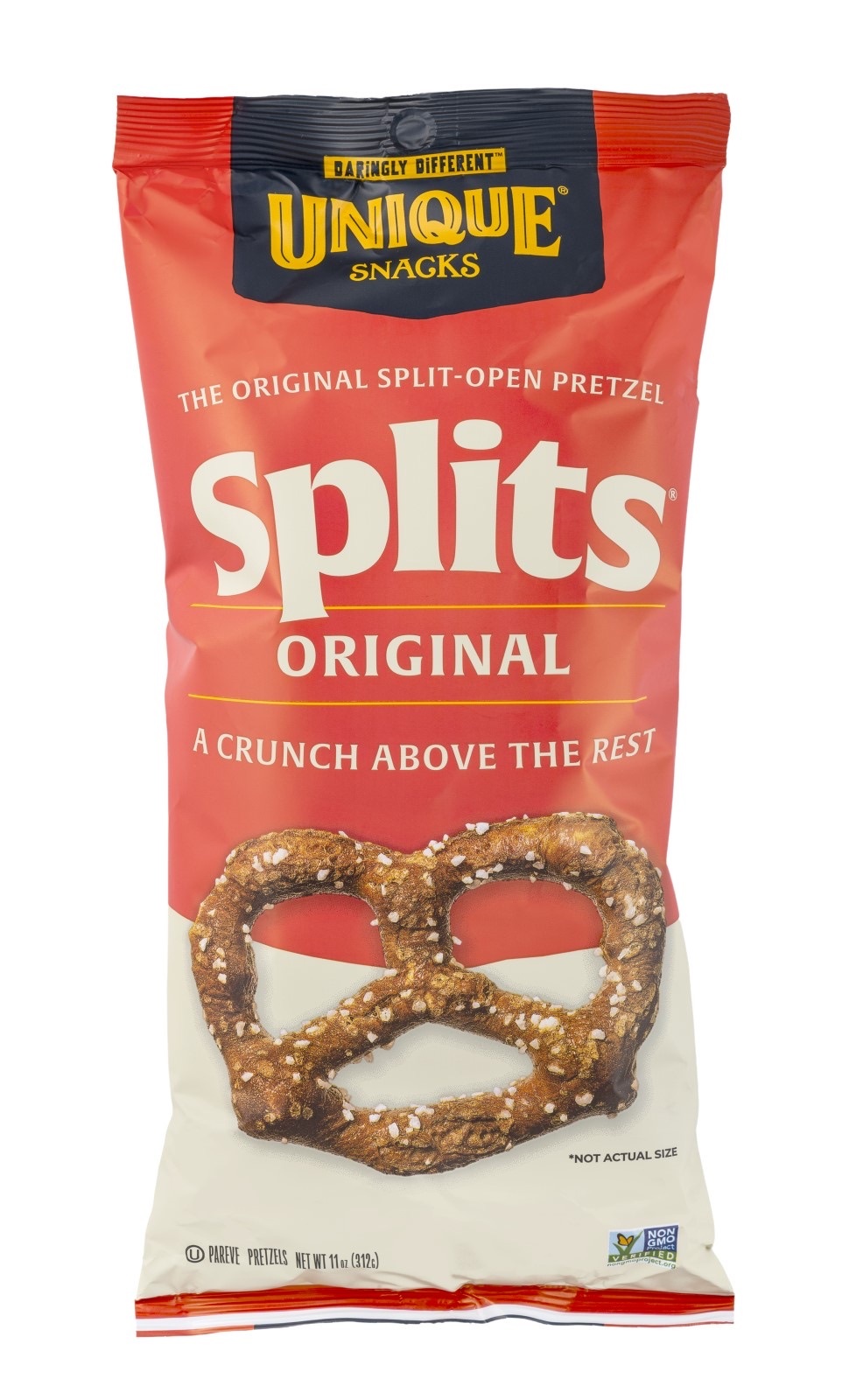 Colorful bag of Unique Snacks Splits pretzels