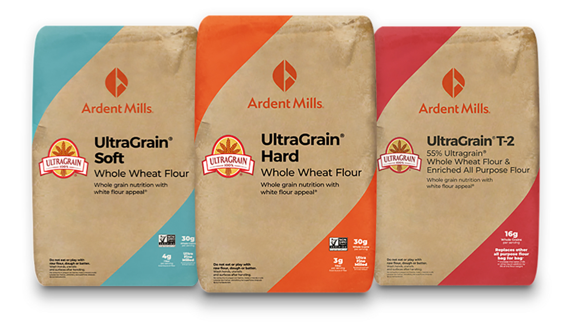 Three bags of different Ardent Mills UltraGrain products