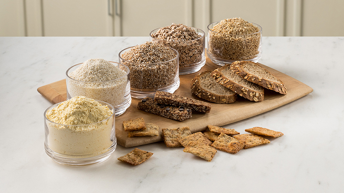 Assorted flours and baked goods on a tray