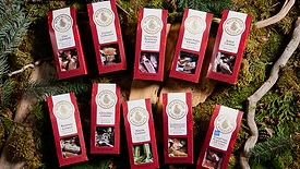 Ten red packages of Wildwood caramels, all different flavors, against a background of twigs and greenery.
