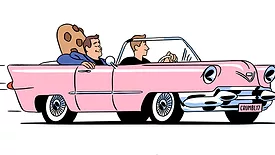 This cartoon depicts Crumbl Cookies co-founders Jason McGowan and Sawyer Hemsley driving a pink convertible