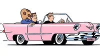 This cartoon depicts Crumbl Cookies co-founders Jason McGowan and Sawyer Hemsley driving a pink convertible This cartoon depicts Crumbl Cookies co-founders Jason McGowan and Sawyer Hemsley driving a pink convertible