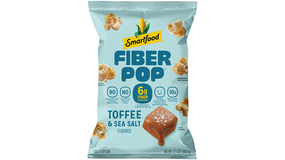 A blue bag of Smartfood Fiber Pop, Toffee and Sea Salt flavor.