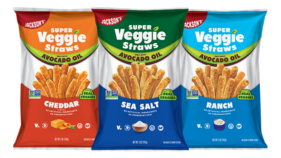 Three multicolored bags of Jackson’s Super Veggie Straws snacks