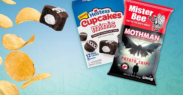 Teal and blue snack icon background, Hostess Cupcakes minis and Mister Bee Mothman Potato Chips, with a badge that reads “Most-Viewed Snack & Bakery Products of 2025”