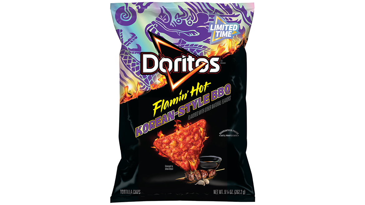 Multicolored bag of Doritos Flamin Hot Korean-Style BBQ chips