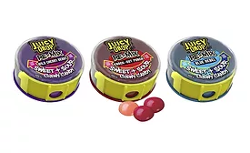 The new Juicy Drop Remix comes with a mix of sweet and sour chewy candy packaged in a unique dual-compartment dispenser. Available in 3 flavors: Knock-out Punch, Blue Rebel, and Wild Cherry Berry. 