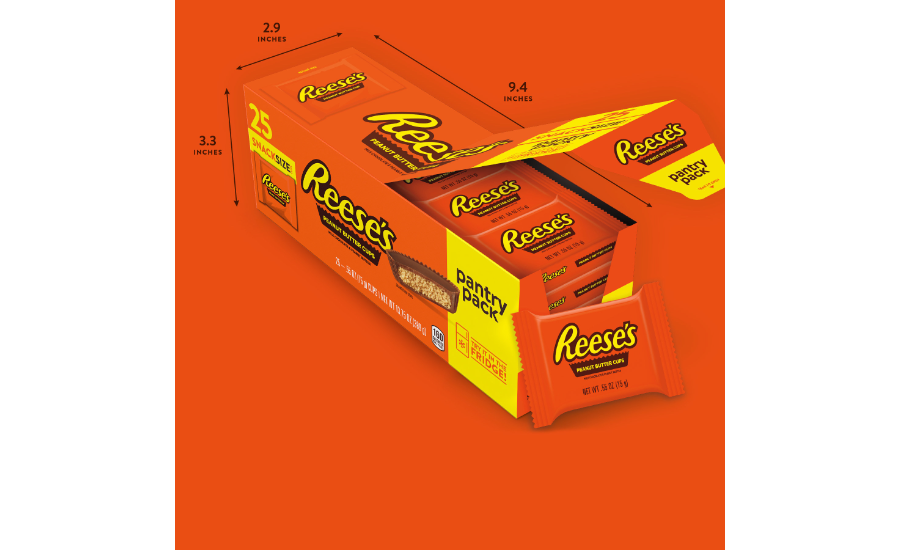 Hershey Reese's Pantry featuring the product's dimensions of 9.4 inches long, 2.4 inches wide and 3.3 inches tall. 