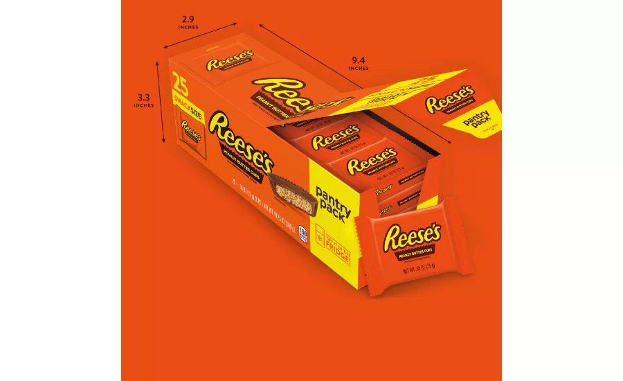 Hershey Reese's Pantry featuring the product's dimensions of 9.4 inches long, 2.4 inches wide and 3.3 inches tall.