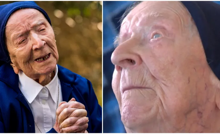Sister André is now officially the oldest person alive at 118 years old. The image is two separate photos, one of Sister Andre in a wheel chair and another that's a close-up of her face. She's wearing a blue nun head covering in both.