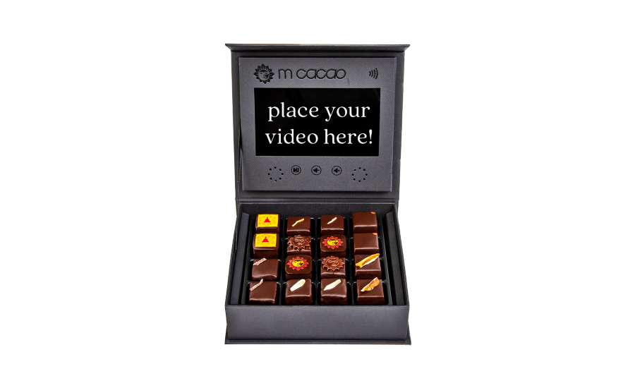 m cacao debuts first-ever customizable chocolate video box