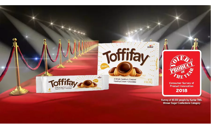 Toffifay delivers a highly unique eating experience with its whole roasted hazelnut, chewy caramel cup, hazelnut cream and drop of chocolate.