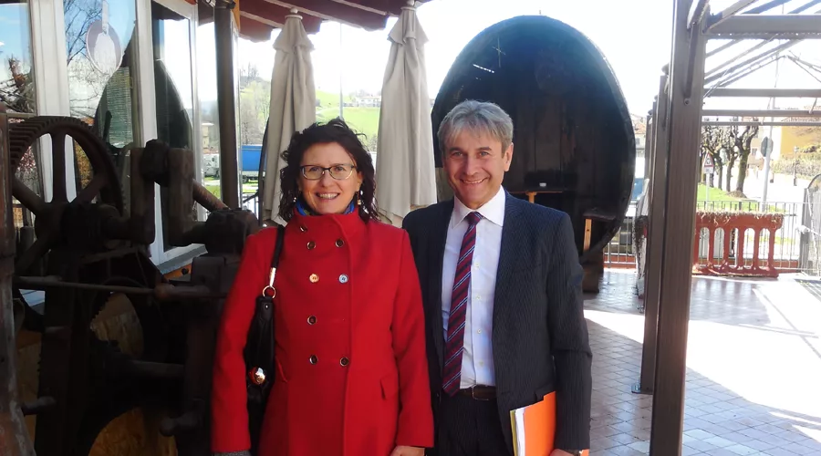 Tecno 3 Marketing Manager Monica Chiarle and Owner Bruno Porro outside Silvio Bessone’s restaurant, museum and production facility in Vicoforte, Italy.