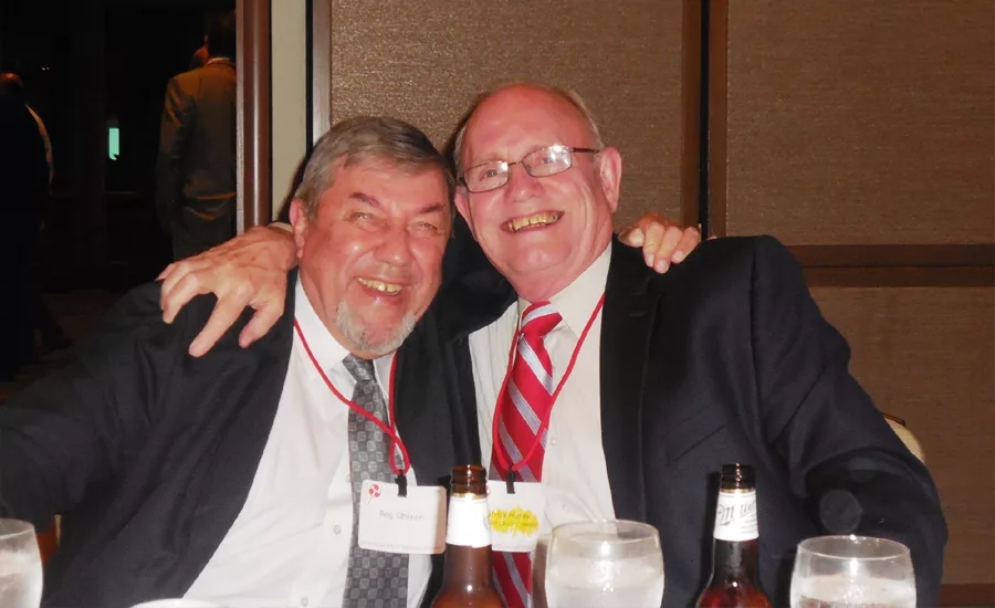 Former Stroud Jordan Award recipients Reg Ohlson (formerly with Mars) and Patrick Hurley (Spangler Candy Co.) during last night’s Stroud Jordan Award banquet.