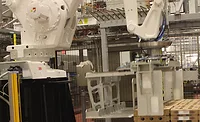 This robot stacks pallets away from people This robot stacks pallets away from people