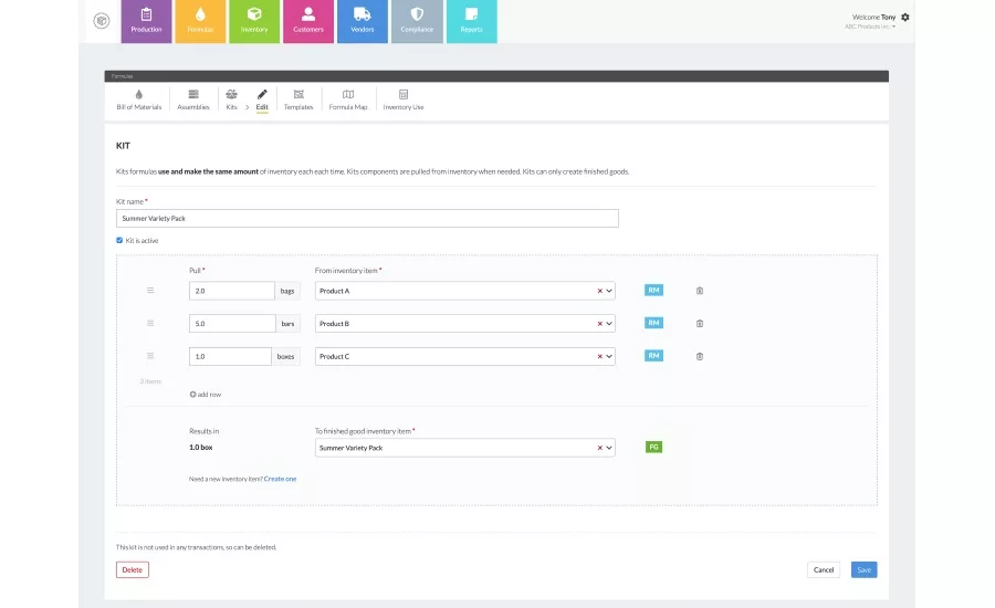 Wherefour ERP software adds kitting formulas to ease creation of multiple packaging or configuration options