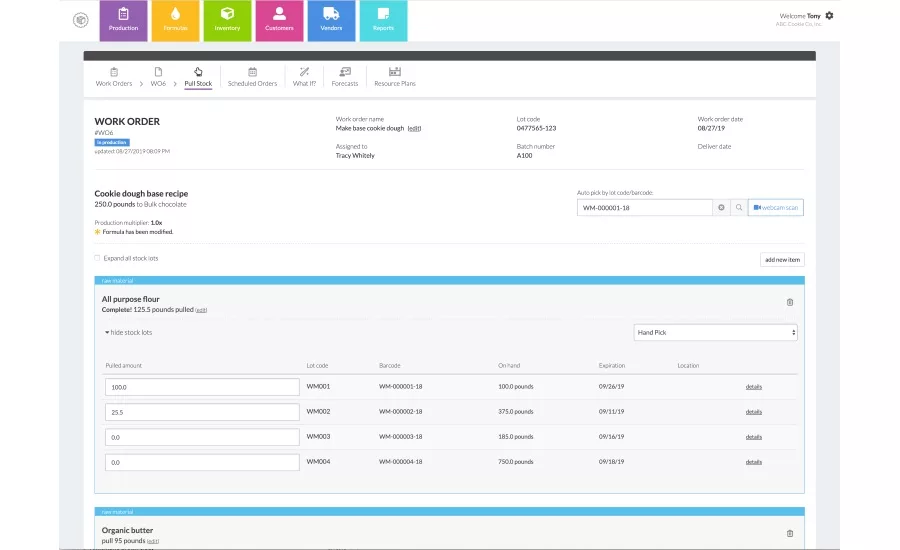WHEREFOUR ERP ADDS RECIPE CHANGES ON-THE-FLY FOR PRODUCTION AND BAR CODE INVENTORY SELECTION ENHANCEMENT
