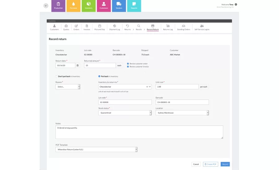 Wherefore ERP enhances traceability ease for inventory returns